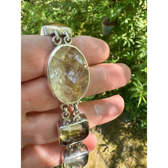 Golden Rutile Quartz Lemon Citrine Chain Link Sterling 925 Silver Bracelet - Picture 6 of 7